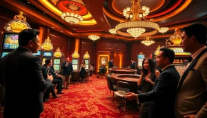 Play exciting games at daftar DRAGON222, showcasing slot machines and enthusiastic gamblers.