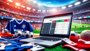Engaging scene showing sports betting with online sportsbooks Canada on a laptop and team jerseys.