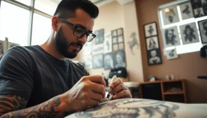 Jairoramirezart.com highlights tattoo artist Jairo Ramirez creating intricate black and grey tattoos in a modern studio.