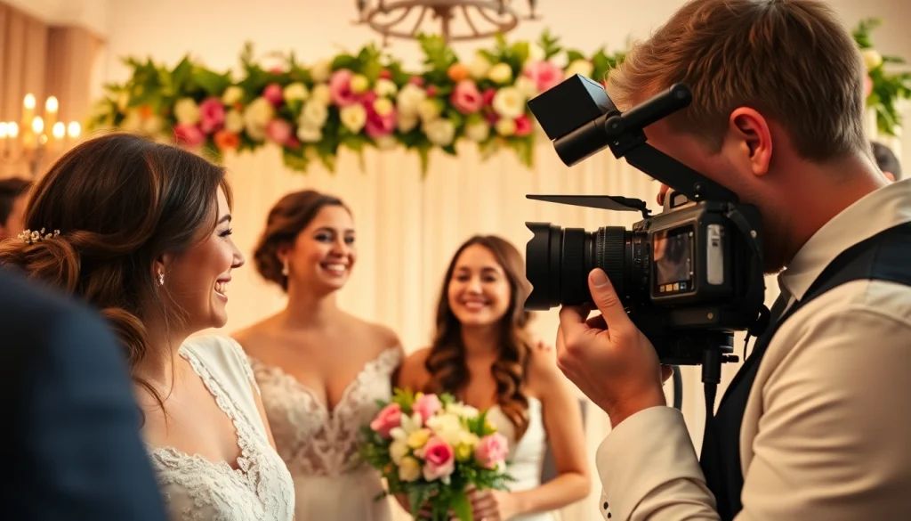 Capture the essence of an edmonton videographer filming joyful wedding moments in a vibrant, romantic setting.
