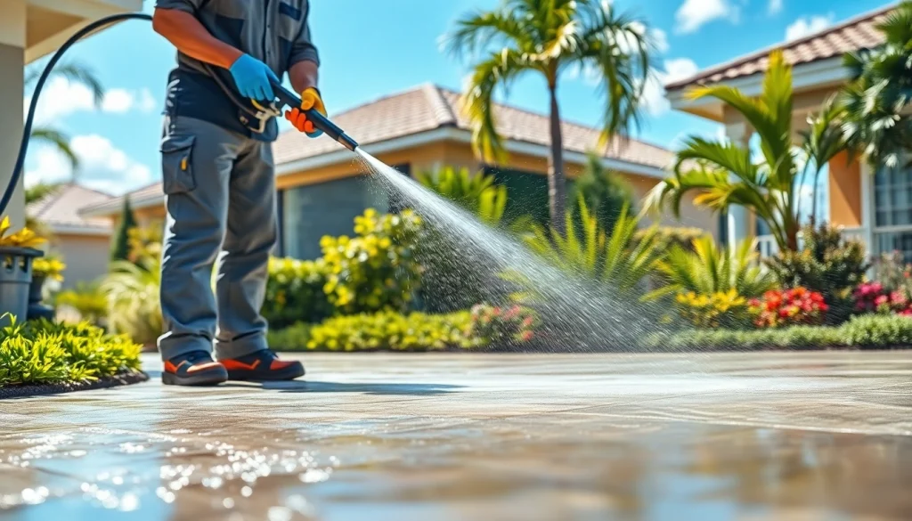 Concrete cleaning in Kissimmee, FL, showcasing a professional using advanced pressure washing techniques for a spotless driveway.