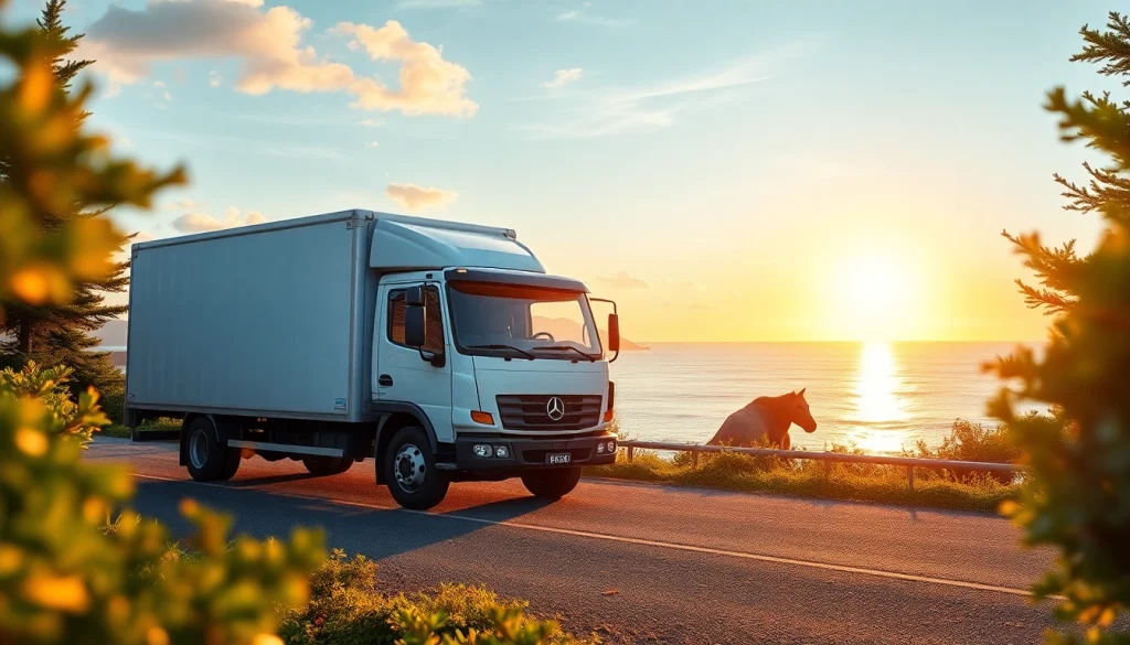 Showcase coastal delivery in Canada with a delivery truck against a scenic backdrop of ocean and greenery.