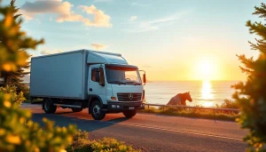 Showcase coastal delivery in Canada with a delivery truck against a scenic backdrop of ocean and greenery.