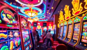 Menggambarkan pengalaman bermain slot depo pulsa dengan mesin berwarna cerah dan suasana kasino yang meriah.