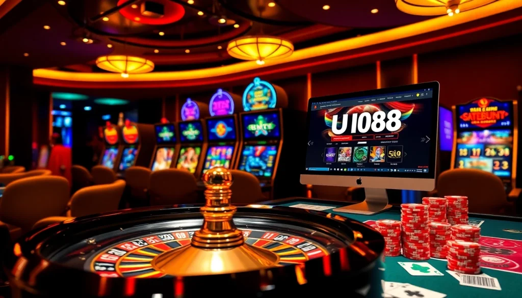 Experience the thrill of UU88 with an interactive online gambling scene showcasing roulette and poker.