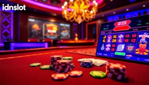 Engage in thrilling gameplay at idnslot, featuring vibrant casino visuals and colorful betting elements.