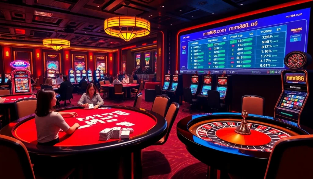 Players enjoying casino games at mm88.com, showcasing poker tables, roulette wheels, and vibrant slot machines.