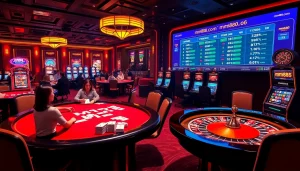 Players enjoying casino games at mm88.com, showcasing poker tables, roulette wheels, and vibrant slot machines.