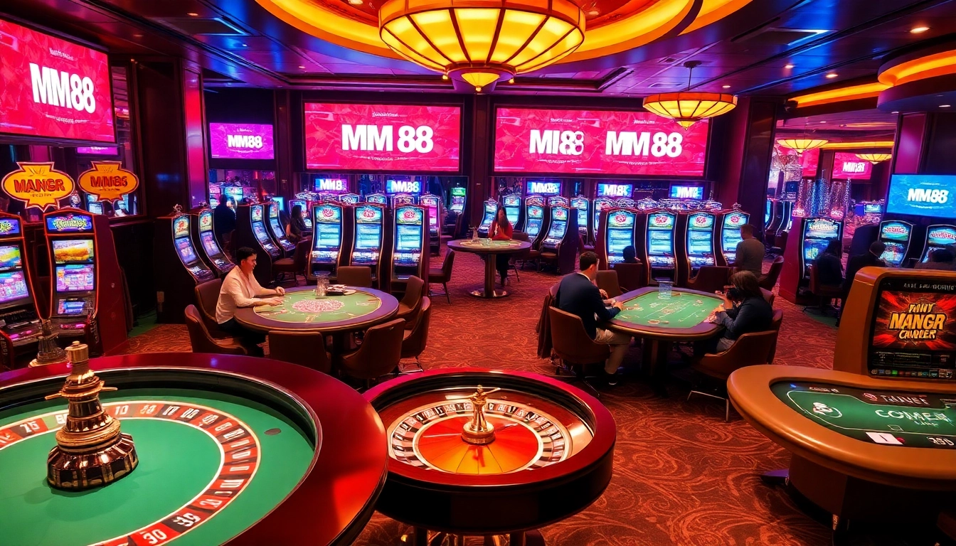 Experience the thrill of MM 88 with players engaged in exciting casino games amid luxurious surroundings.