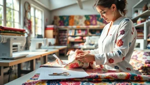 Ontdek bedrukte katoenen stoffen in een creatieve studio met kleurrijke ontwerpen en texturen.