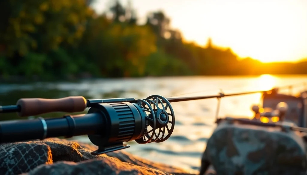 Catch a glimpse of a finely crafted fly fishing combo on a peaceful riverbank, ready for action.
