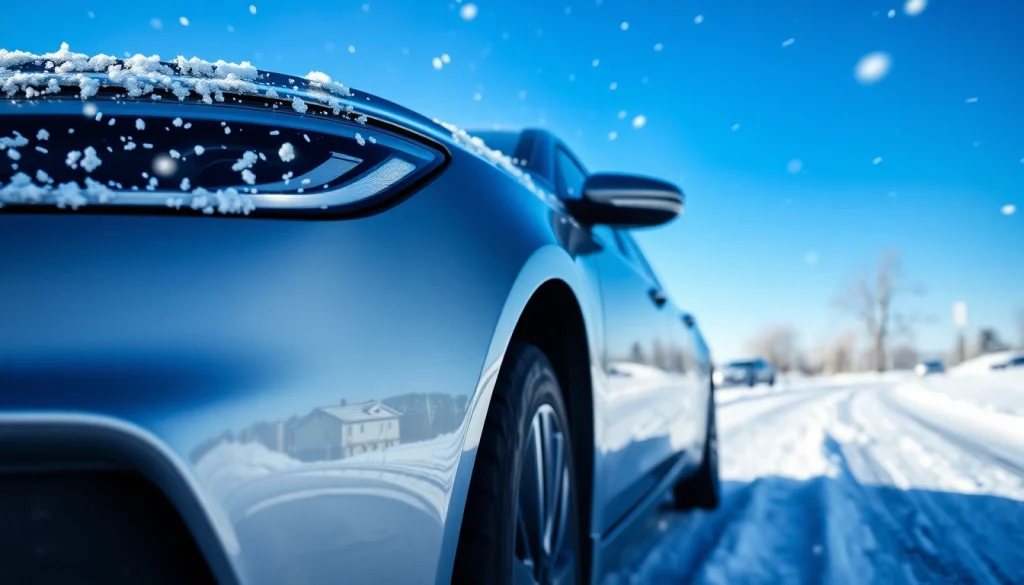 PPF winter road salt protection on a vehicle showcased in a snowy landscape emphasizing durability.