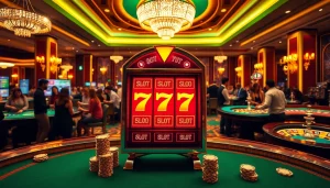 Engaging scene of a slot777 machine amidst a luxurious casino environment with players enjoying various games.