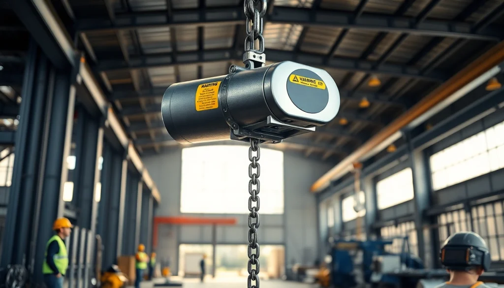Electric chain hoist crane lifting a heavy load in an industrial setting, showcasing precision and reliability.