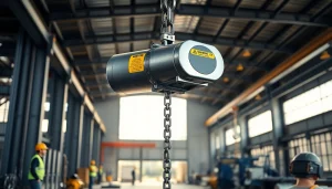 Electric chain hoist crane lifting a heavy load in an industrial setting, showcasing precision and reliability.