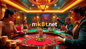 Exciting casino atmosphere showcasing mk8th.net's vibrant gaming experience with roulette, poker chips, and cheering players.
