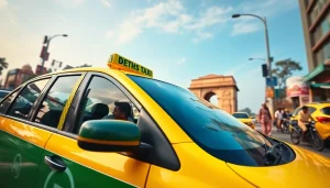 Delhi Taxi Service at iconic India Gate in New Delhi, showcasing vibrant city life and modern transport.