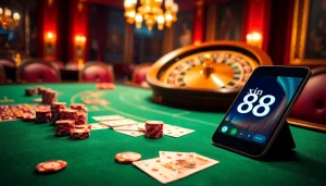 Exciting casino table experience featuring xin 88 poker chips and cards for gamblers.