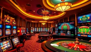 Players enjoying vibrant games at https://soibet.vision/ casino featuring slot machines and roulette tables.