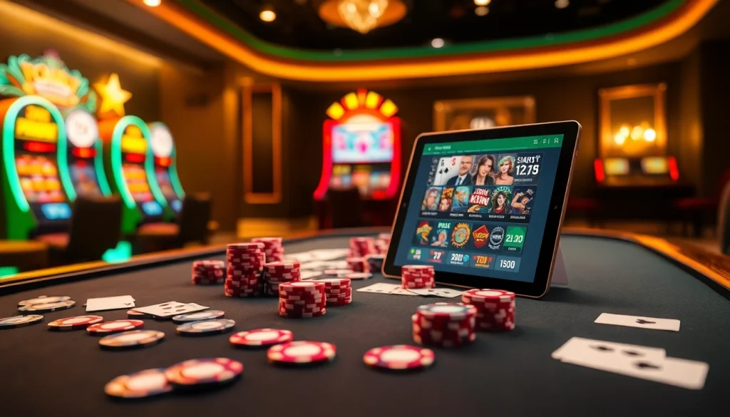 Players enjoying a thrilling game at the 79 king casino table full of cards and poker chips.