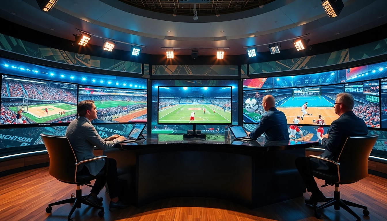 Sports Broadcasting anchors reporting live with high-tech monitors in an energetic studio.