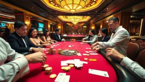Players enjoying a high-stakes game at bk8thai casino table surrounded by colorful chips.