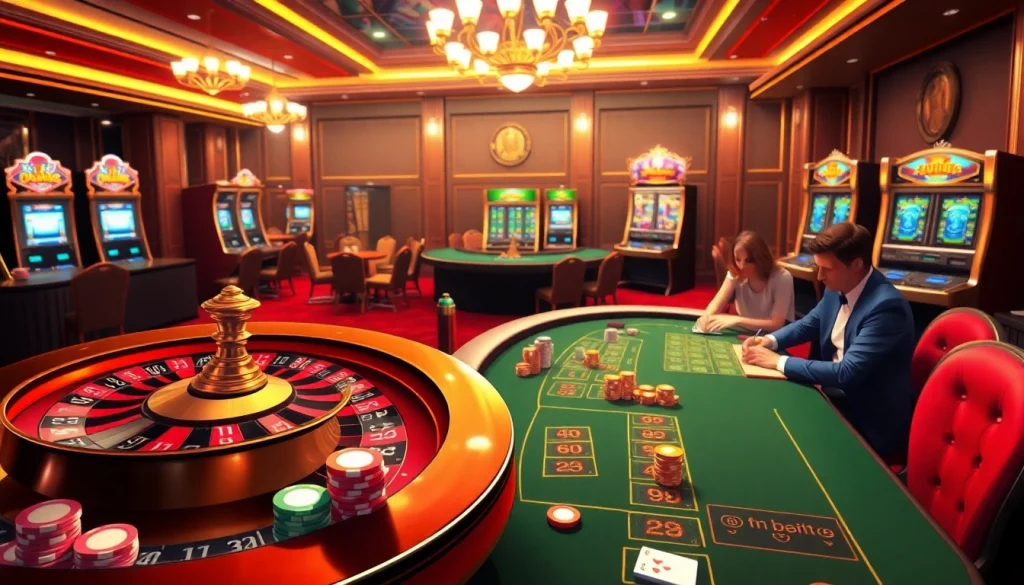 Experience the thrill of gg88bz with vibrant casino tables, poker chips, and roulette wheel.