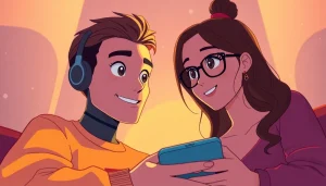 Engaging in an NSFW AI chat, featuring a warm, inviting atmosphere and modern tech elements.