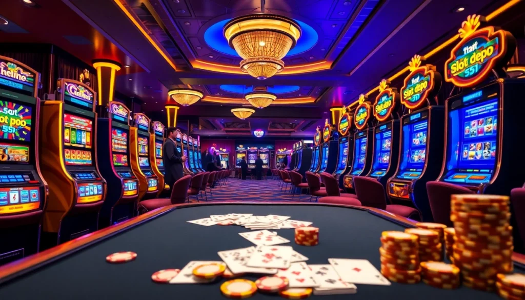 Pemain yang antusias menikmati mesin slot Depo 5k dalam atmosfer kasino yang dinamis.