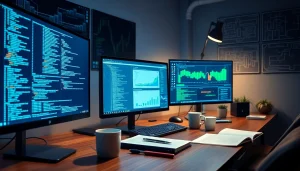 Software engineering workspace with coding screens and finance analytics in a tech-savvy environment.