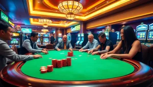 Players engaging at a luxurious poker table featuring the concept of good 888 amid colorful chips and slot machines.