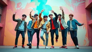 Cheerful bts members showcasing their unique styles and camaraderie in a vibrant setting.