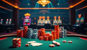 A lively gambling scene showcasing https://xx88.nl/ with thrilling poker tables and vibrant slot machines.