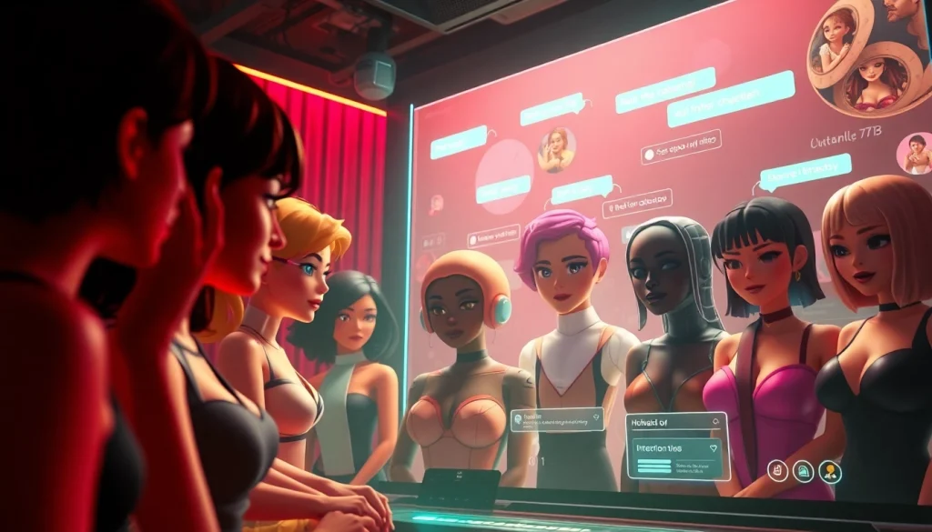 Interactive NSFW character AI chatroom with diverse avatars and vibrant digital interface.