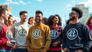 Džemperiai su logotipu, dėvimi įvairių žmonių gyvybingame miesto fone, demonstruoja universalumą ir stilių.