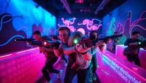 Players engaging in an exciting laser tag match within a colorful, illuminated arena.