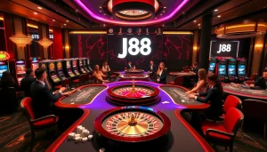 Experience thrilling moments at the J88 casino with elegant poker tables and vibrant slot machines.