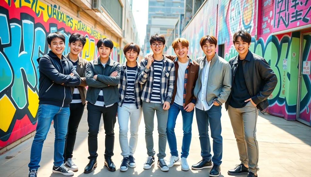 BTS members showcasing their personalities in a vibrant urban setting.
