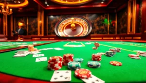Exciting GO88 casino scene with poker chips, cards, and roulette wheel.