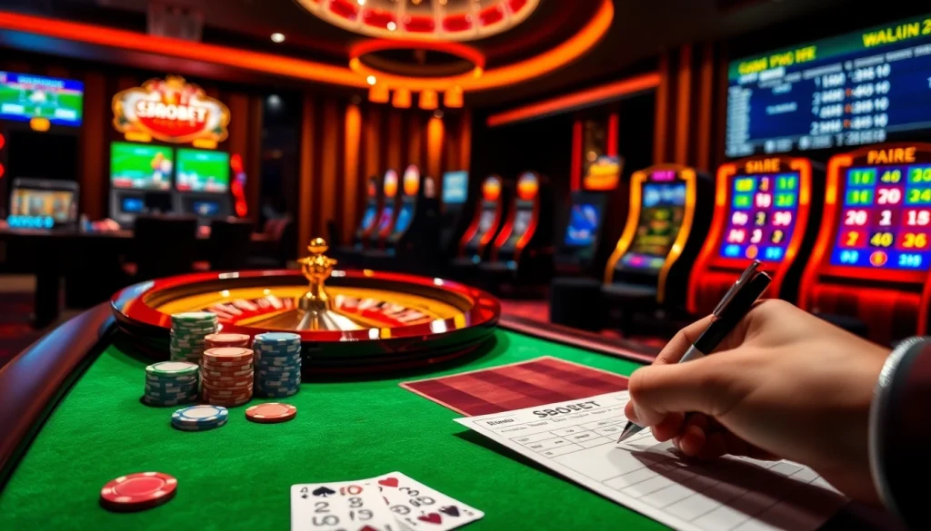 Experience thrilling SBOBET betting action with vibrant poker chips, cards, and live sports odds.