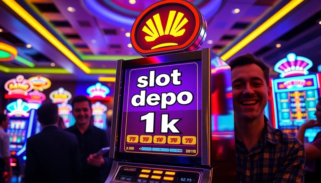 Menggunkan slot depo 1k pada mesin slot yang penuh gaya dan cahaya cerah di kasino.