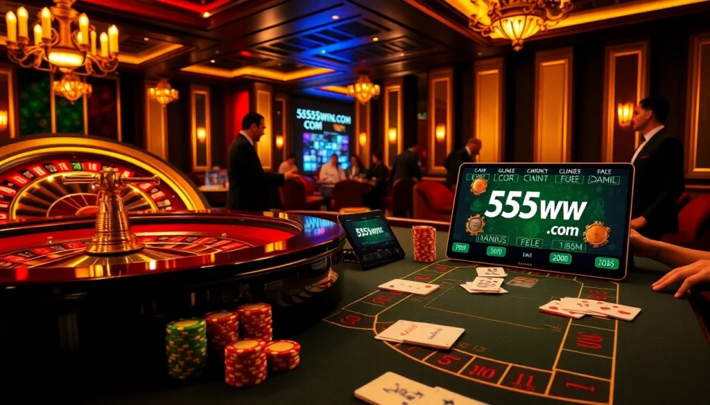 Exciting casino scene showcasing 555win com gaming with lavish poker chips and roulette wheel.