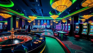 Action-packed gambling scene featuring mm88 kjc online gaming with vibrant tables and slot machines.