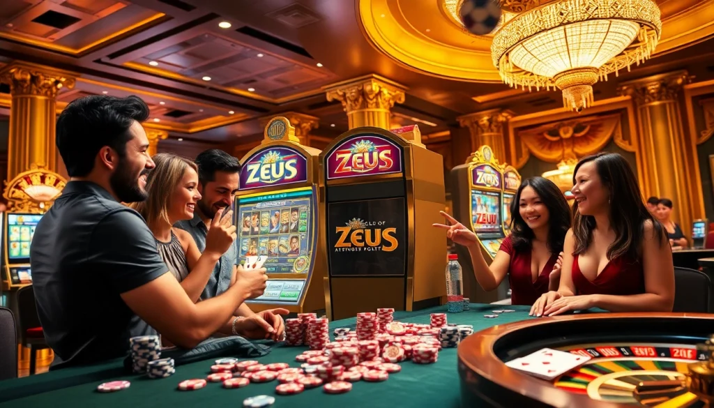 Players enjoying the thrilling Zeus slot machine experience at a luxurious casino.