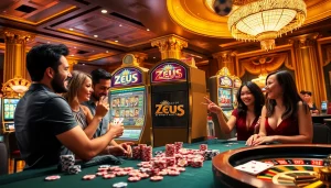 Players enjoying the thrilling Zeus slot machine experience at a luxurious casino.