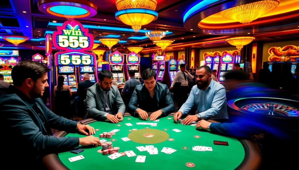 Experience the thrill of 555 win at a luxurious casino with engaging players and vivid gaming elements.