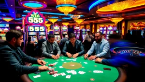 Experience the thrill of 555 win at a luxurious casino with engaging players and vivid gaming elements.