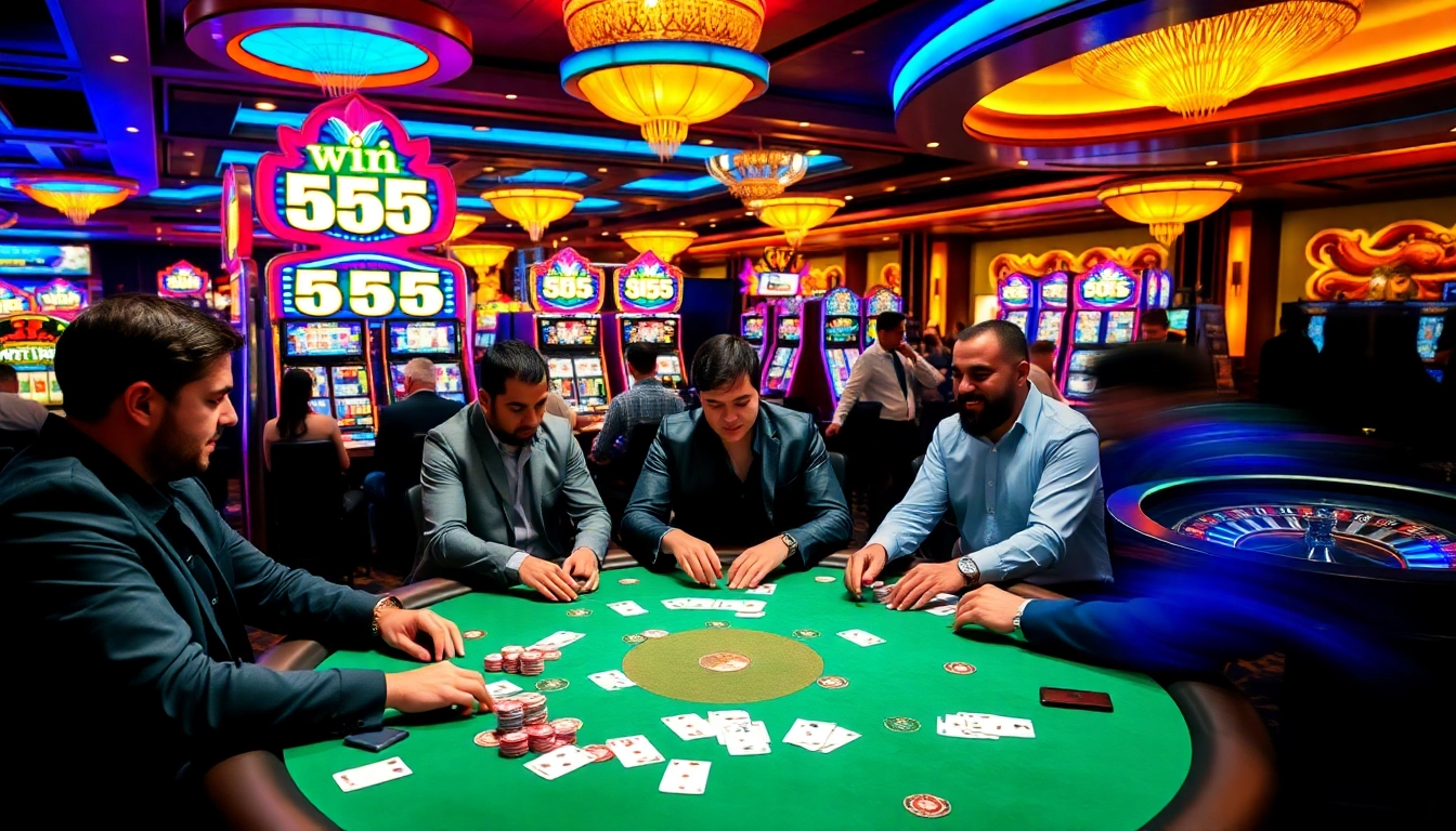 Experience the thrill of 555 win at a luxurious casino with engaging players and vivid gaming elements.