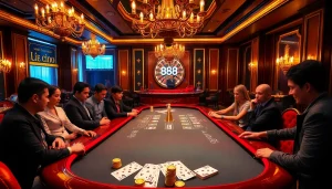 Players thrillingly engage at a U 888 gaming table in a luxurious casino setting.