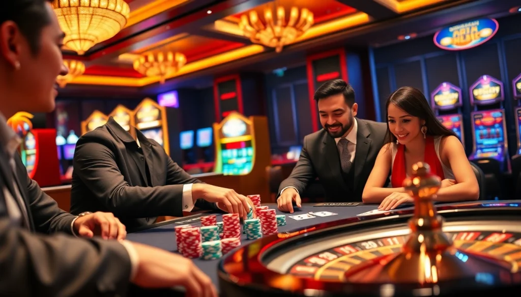 Players enjoying a thrilling game at the bk8thai casino table with vibrant chips and cards.